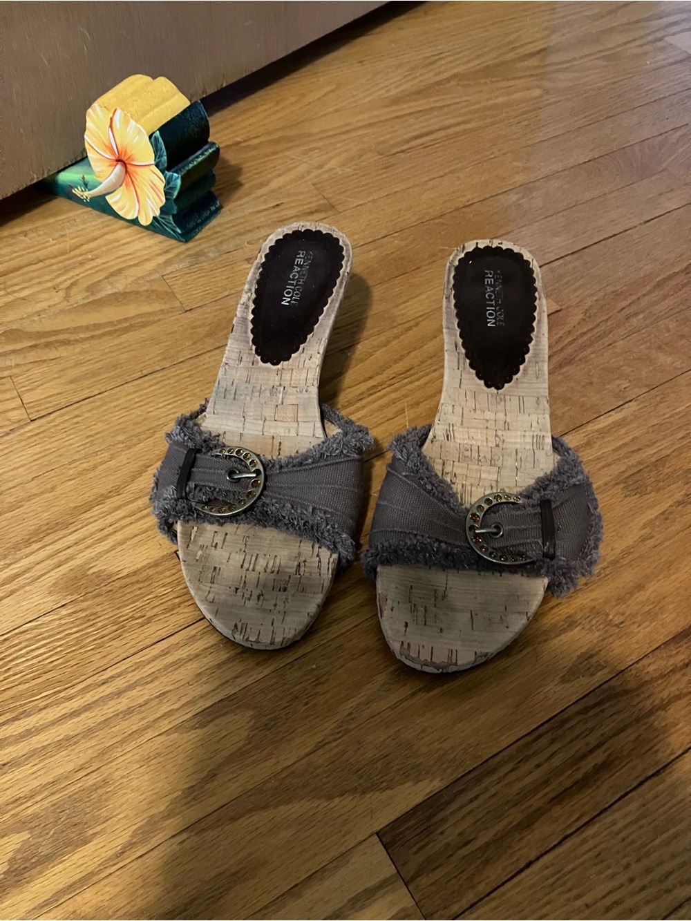 Kenneth Cole Gray Frayed Fabric Cork Slide Mules with Buckle
